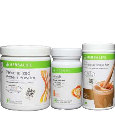 HERBALIFE FORMULA 1 500GM (CHOCOLATE), PERSONALIZES PROTEIN POWDER 200GM AND AFRESH ENERGY DRINK MIX 50GM (PEACH) COMBO